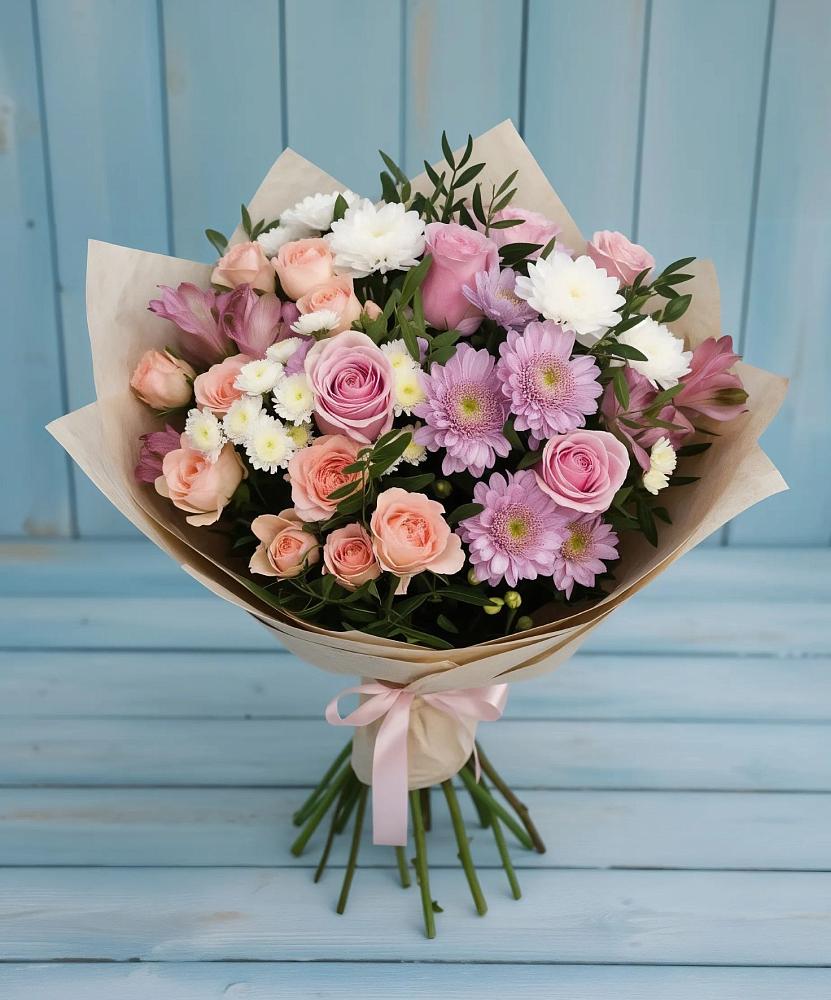 Букет цветов из: Хризантемы, Розы и Альстромерии в Хлевном