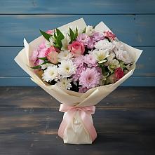 Букет цветов из:  Хризантемы, Альстромерии и Розы #REPLACE_PRED# Хлевном