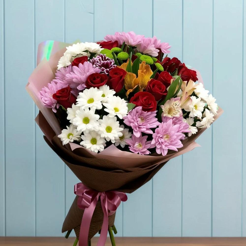 Букет цветов из: Розы, Хризантемы и Альстромерии в Хлевном