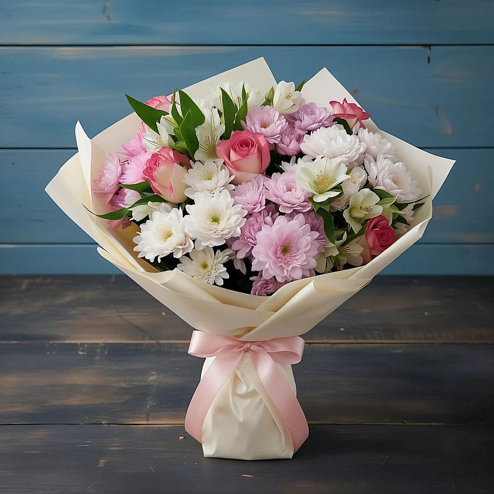 Букет цветов из: Хризантемы, Альстромерии и Розы в Хлевном